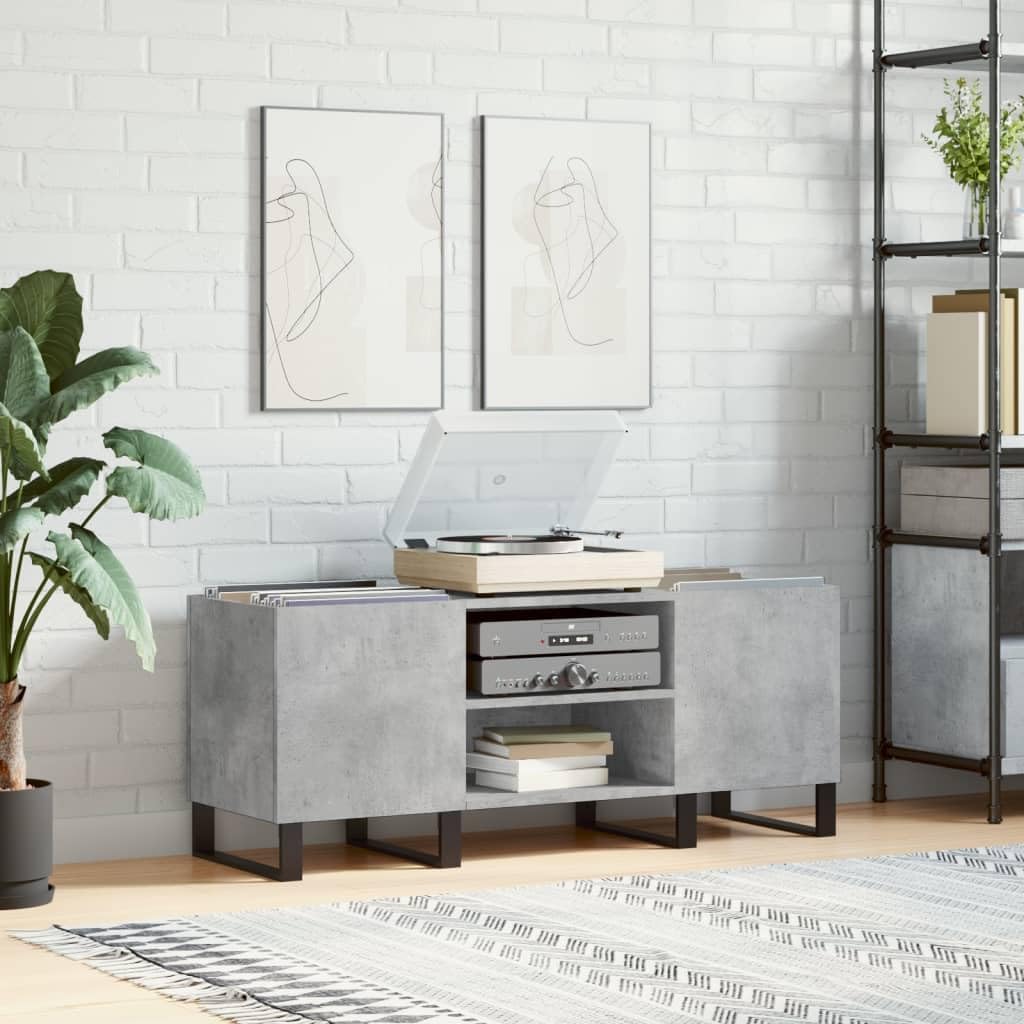 Armadio per dischi grigio cemento, 121 x 38 x 48 cm, in vinile vintage, con gambe in ferro, robusto scaffale per dischi LP per soggiorno