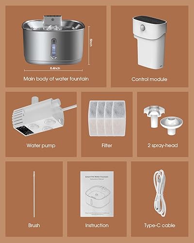 Miniatura 5 de Fuente de agua inalámbrica para gatos de acero inoxidable, fuente de agua inteligente para mascotas, 3.2L108 onzas con filtros y 2 cabezales de