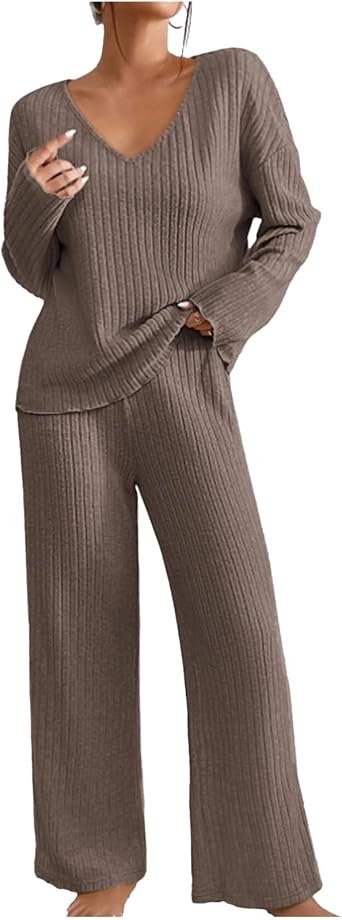 Women 2 Piece Knit Set Long Sleeve Pullover Sweater Top Wide Leg Pant Sweatsuit Outfits Fall Loose Comfy Lounge Set