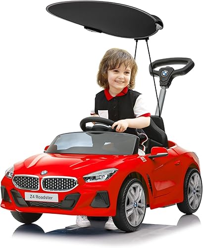 Automóvil de empuje para niños de 1 a 5 años, auto de empuje BMW Z4 con dosel, varilla de empuje ajustable, música de bocinarueda silenciosa, auto