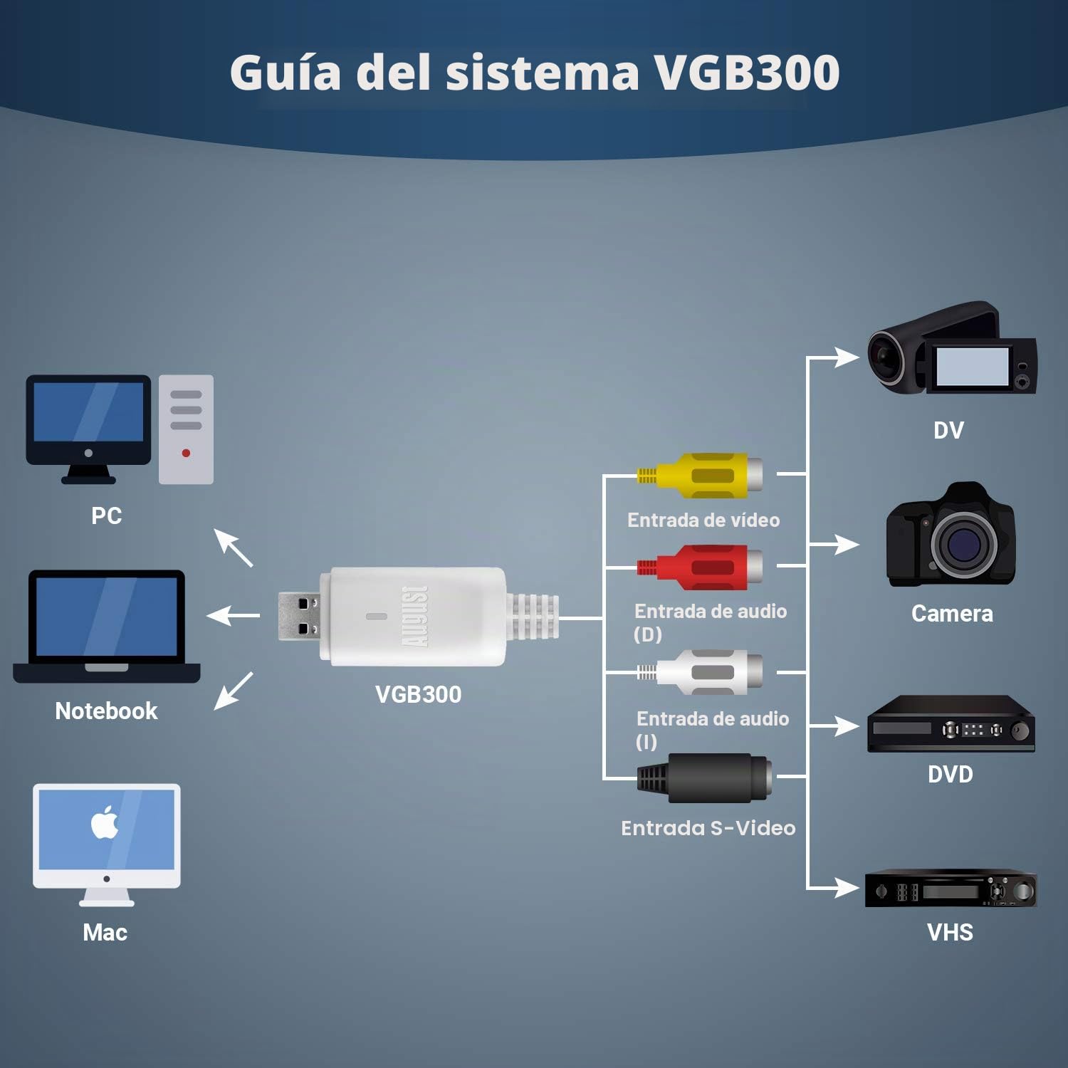 August VGB300 Tarjeta de Captura de vídeo, Grabador de Audio y Vídeo USB Convertidor Capturadora VHS DVD Digital a PC Windows y Mac Captura de Tarjeta USB Compatible con S-Video y Composite In