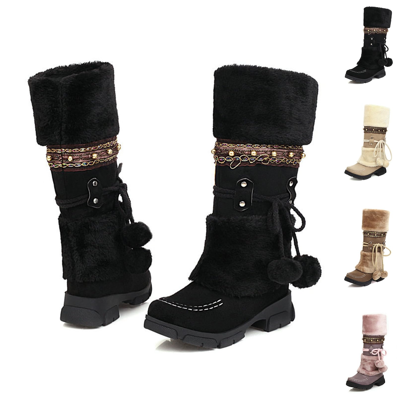 Womens Mid-Calf Slip On Winter Snow Boots Round Toe Suede Faux Fur Cozy Warm Comfortable Winter Booties