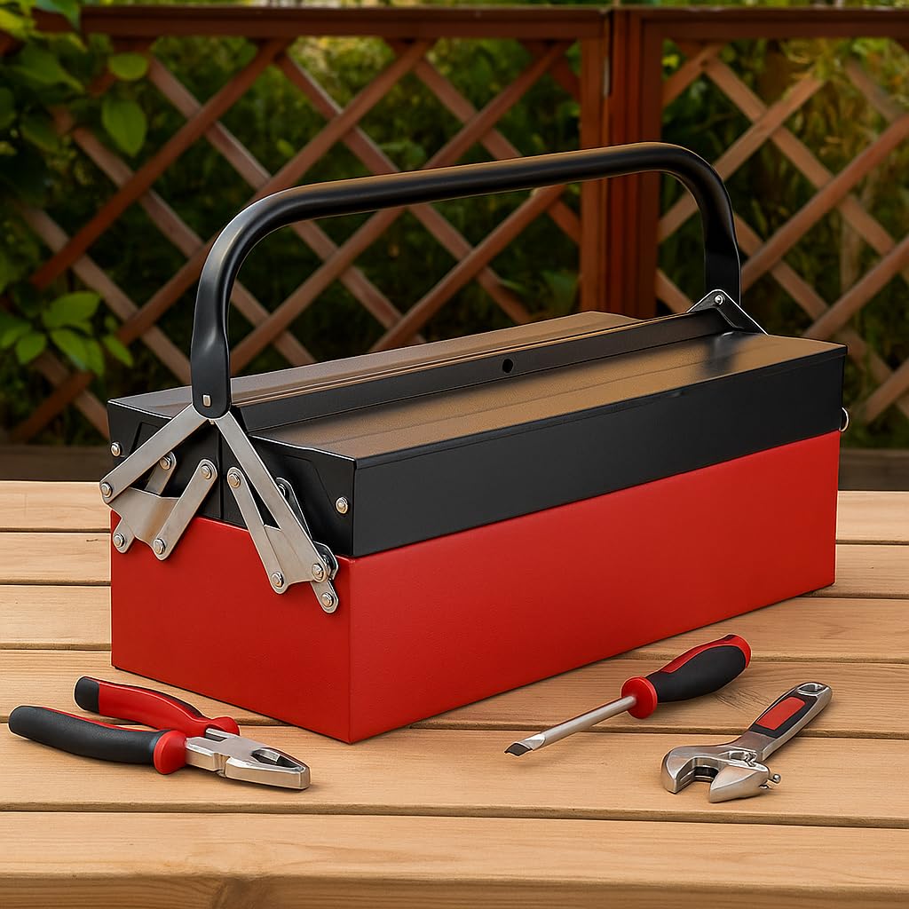 Heavy Duty Metal Tool Box – Lockable Portable Tool Chest with Drawers and Cantilever Trays – 1 to 5 Tray Large Storage Organizer Case - Tool Box with Handle & Secure Latches (Red (3 Tray))