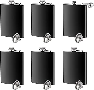 6 Pack 8 Ounce Hip Flasks for Liquor - Leakproof Stainless Steel Camping Pocket Flasks, Food Grade - Portable Drinking Flask with 6 Funnel for Storing Alcohol, Brandy, Whiskey and Drinks, Great Gift (Black)