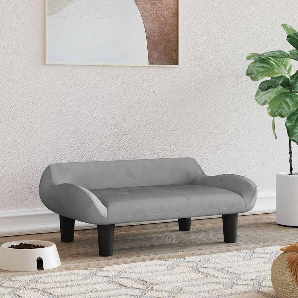 Hundebett Hundesofa aus Samt, modernes Haustierbett mit solidem Holzrahmen, weiches Hundekörbchen für kleine Hunde und Katzen, bequemer Schlafplatz, 70 x 40 x 24 cm, Hellgrau