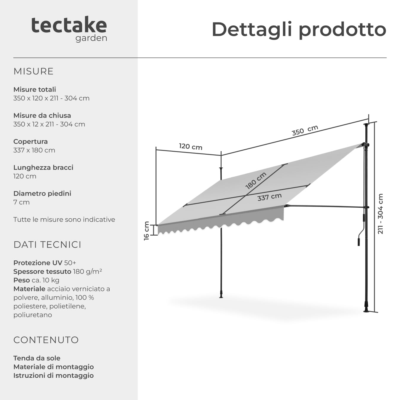 Tectake Tenda da Sole a Morsetto Regolabile 350x180cm Grigio Chiaro Impermeabile UV