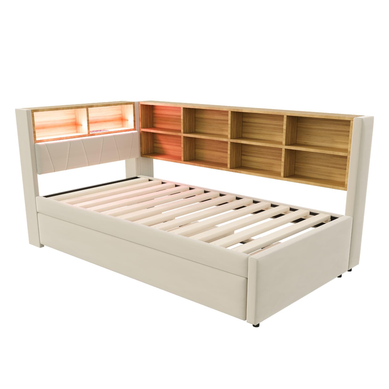 PUGSDRLY Lit 1 Place 90x200cm avec lit gigogne 90x190 et Compartiments de Rangement,Canapé Lit avec Lampes LED,Prise électrique et Port USB,pour Enfant Adolescent Adulte,sans Matelas (beige-90B)