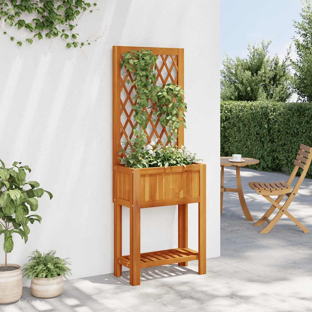 Jardinera con celosía y estante de madera maciza de acacia 55 x 29,5 x 152 cm para plantas trepadoras de jardín y terraza, estructura estable con panel decorativo y estante
