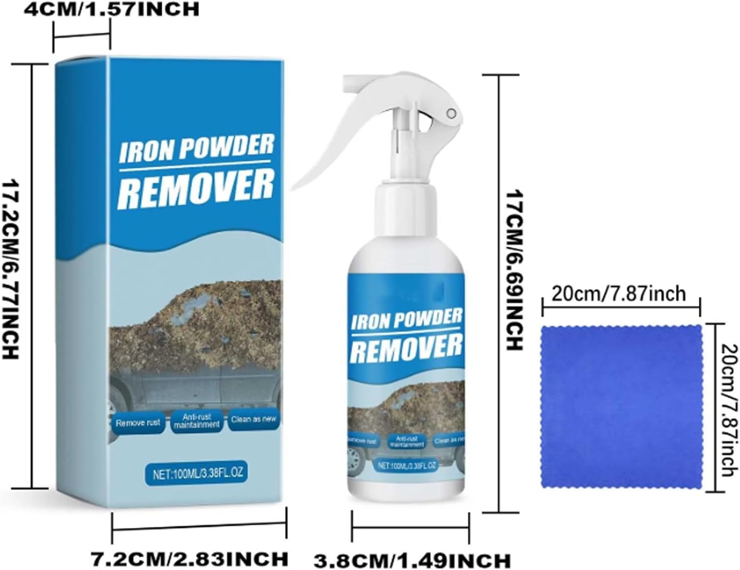 Multi-functional Quick-Acting Rust Removal Spray, Iron Powder Remover Spray, Fast-Acting Formula & Easy Sprays Application, Includes Sponge and Cloth, For Tools, Metals and Car Parts (3, 3.38oz)