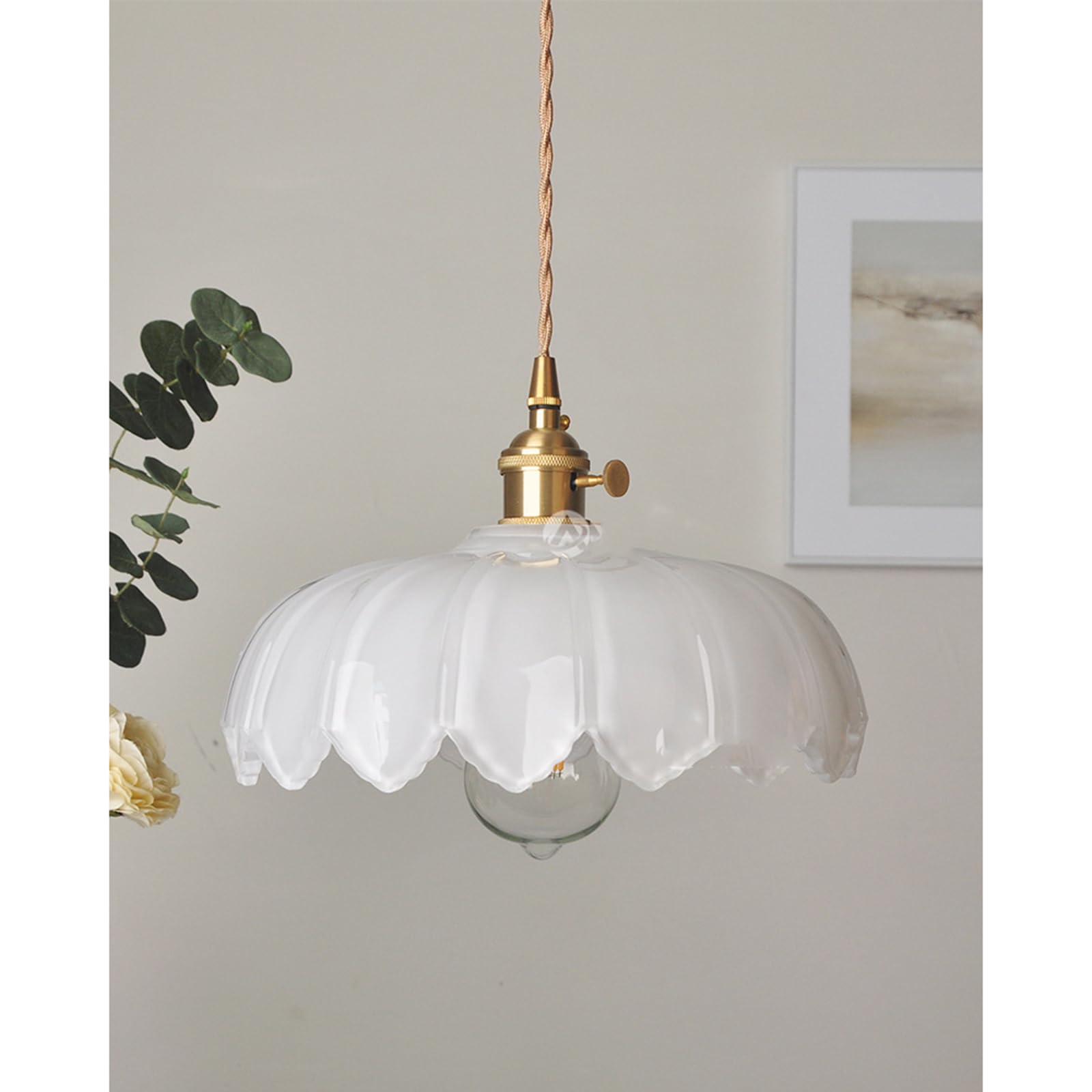 Lámpara colgante de cristal de loto, iluminación Industrial Vintage de 25cm, lámpara colgante de luz, lámpara colgante de techo con acabado de latón E27 (Blanco)
