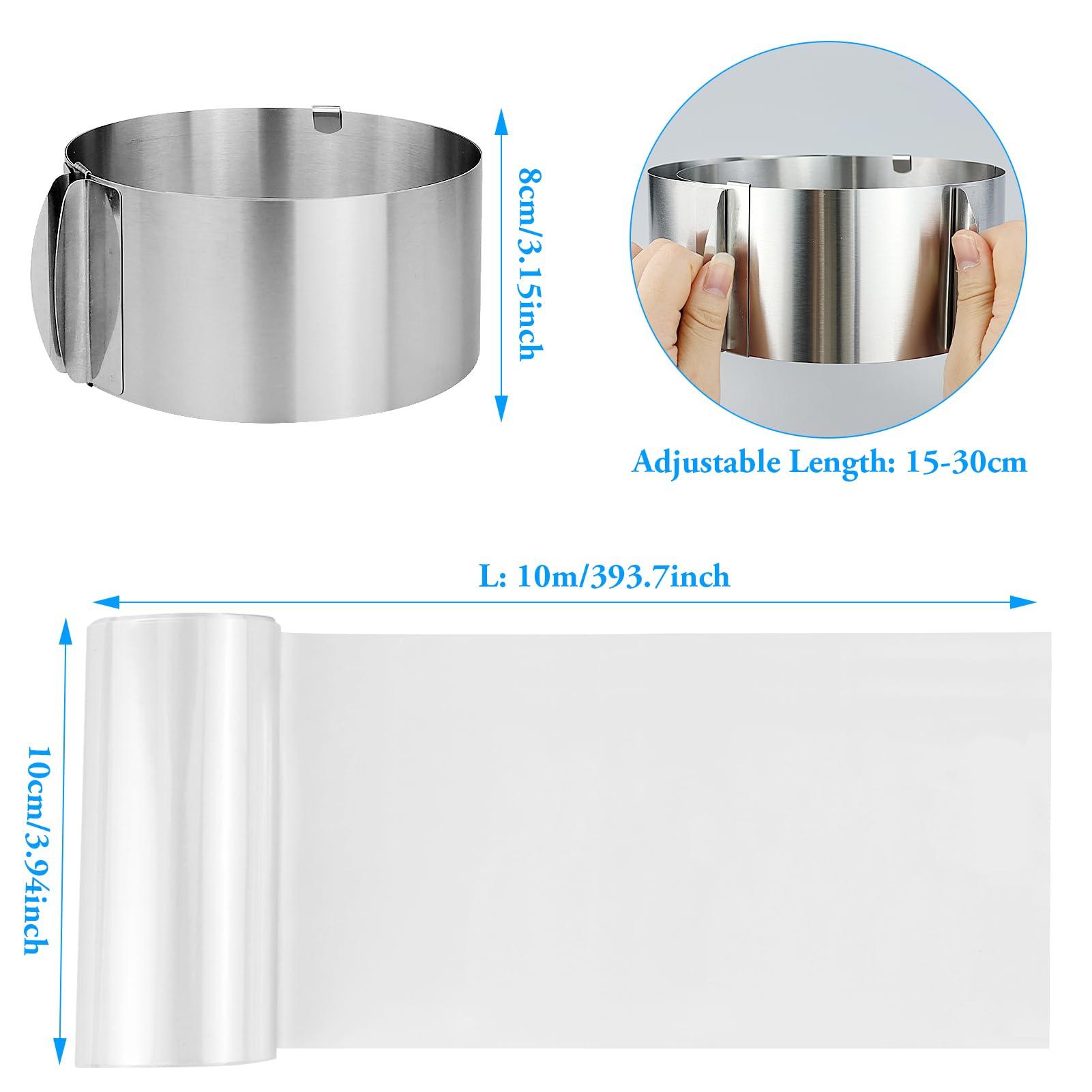 REBECASKYENS Anello per torta regolabile, 16-30 cm, anello da forno con collare per torte, in acciaio inox, rotondo, stampo per mousse, per cuocere, pasticceria, dessert