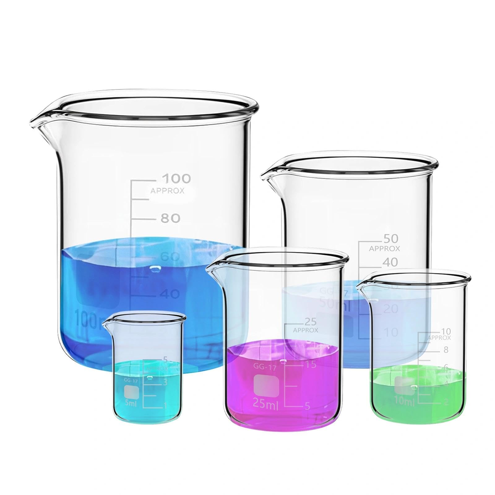 Zestaw szklanych zlewek 100 ml 50 ml 25 ml 10 ml 5 ml, 5 szklanych zlewek miarowych z borokrzemianu szkła do laboratorium, klasy i użytku domowego