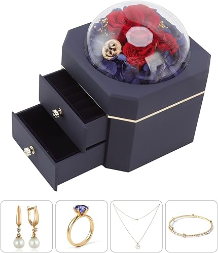 Miniatura 3 de Joyero, caja de regalo de rosa real preservada hecha a mano con diseño extraíble, patas de goma antideslizantes, caja de rosas flocadas para