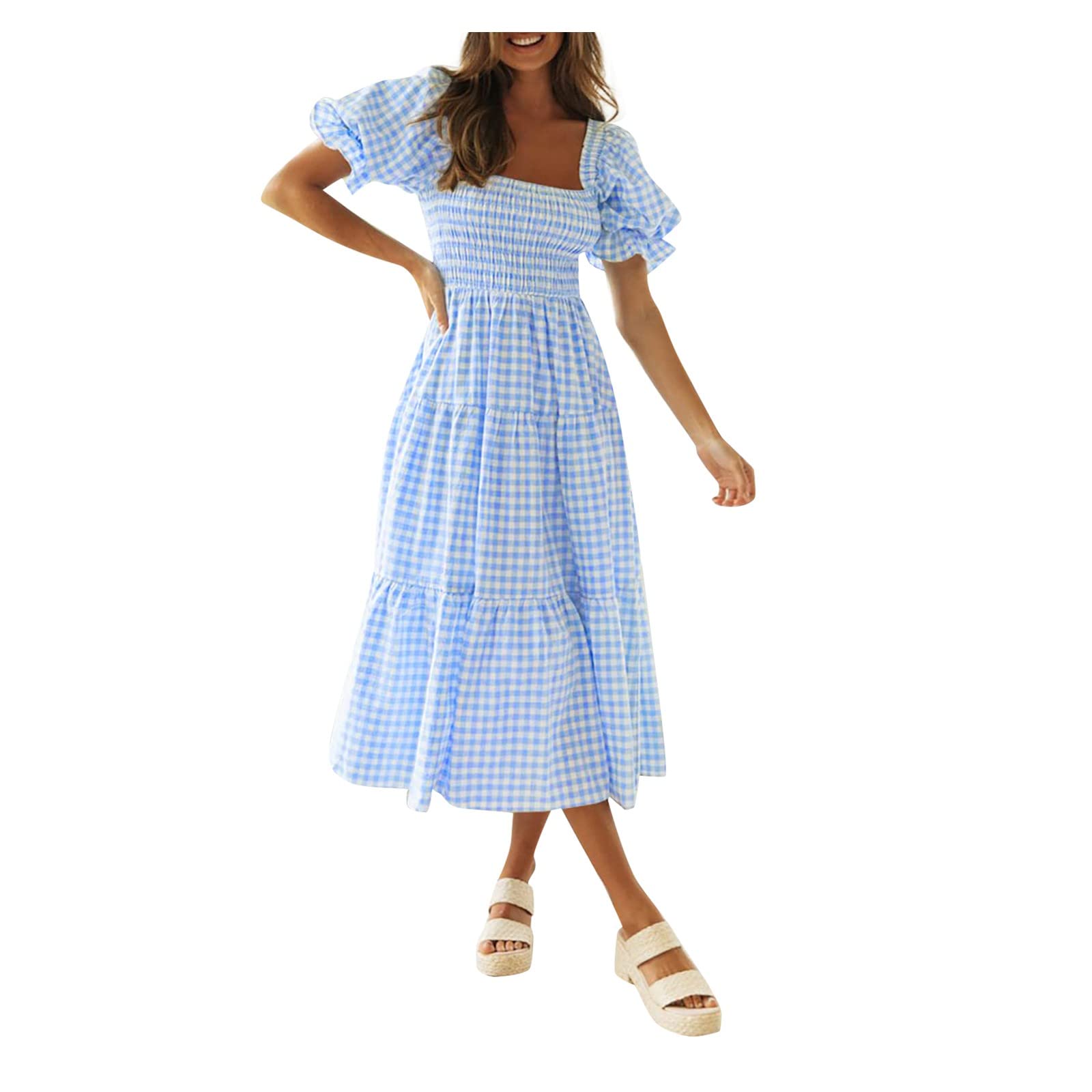 MOMFEIWomen's Bohemian Summer Plaid Puff Sleeve Ruffle Flowy Beach Midi Dress Party Women's Dress