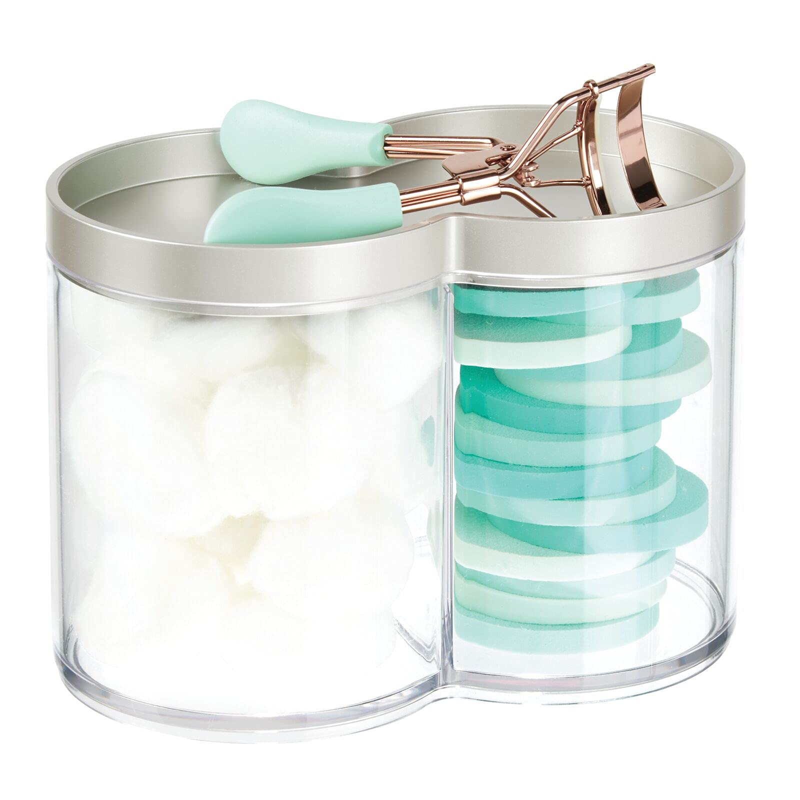 mDesign Plastic Canister Jar Organizer Set with Storage Lid - Home Decor Holder for Bathroom/Restroom Vanity Countertop, Cabinet - Holds Cotton Balls, Soap, Lumiere Collection, Clear/Matte Satin