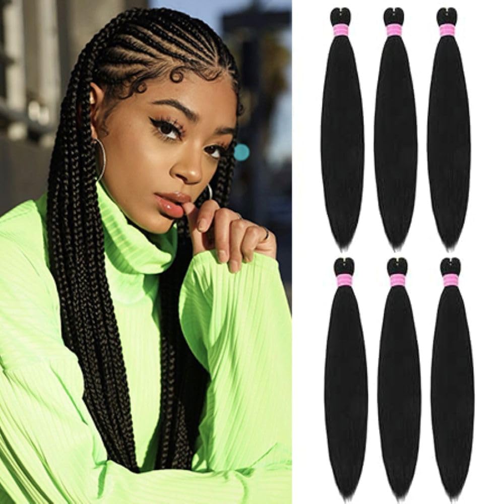 Black Pre Stretched Braiding Hair Extensions 20 Inch 6 Packs Long Braid Hair Yaki Texture Professional Prestretched Braiding Hair For Women (Black, 20