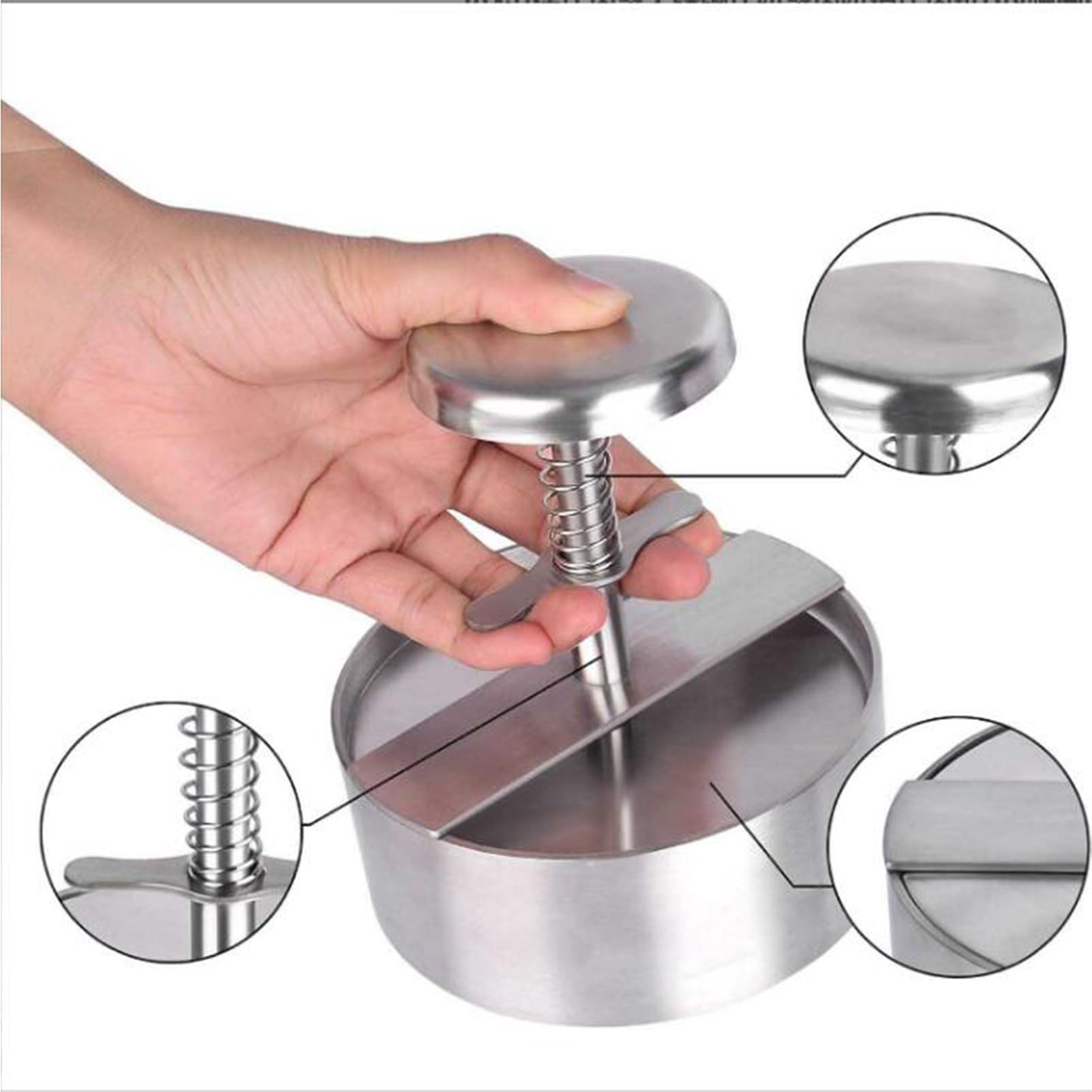Edelstahl-Pattypresse, manuelle federbelastete Burgerpatty-Form, DIY-Reisbällchen-Füllform – ideal für Heimküchen, Grillpartys, Cafés und Restaurants,Silber,14 x 5 x 11.4 cm
