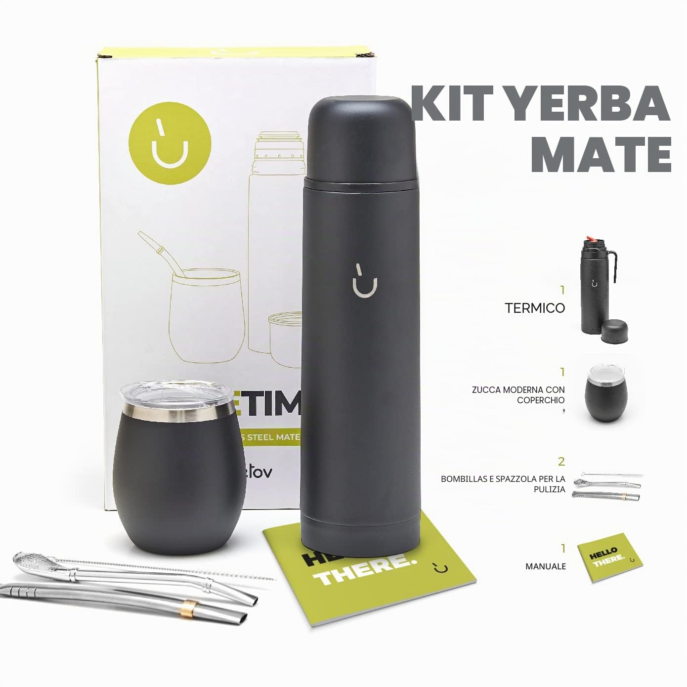 BALIBETOV Set Completo Yerba Mate - Zucca Mate Moderna, Thermos, Bombilla e Spazzola per la Pulizia Inclusi - Tutto in Acciaio Inossidabile 304 18/8 di Qualità Premium (Nero solido)