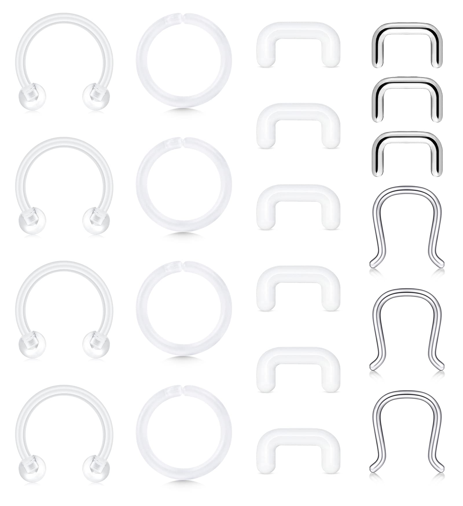 Anicina Clear Nose Rings Studs for Work Clear Piercing Retainer Horseshoe Plastic Septum Retainer Clear Flexible Belly Button Nose Septum Lip Eyebrow