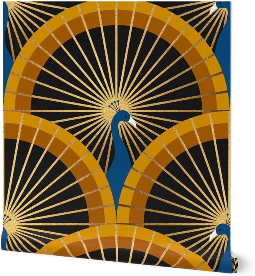 Spoonflower Removable Wallpaper 6ft x 2ft - Bird Green Blue Gold Art Deco Peacocks Custom Pre-Pasted Wallpaper