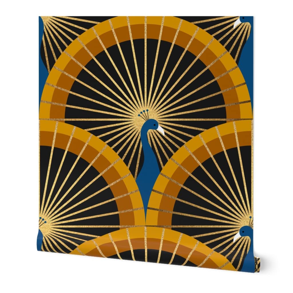 SpoonflowerRemovable Wallpaper Swatch - Bird Green Blue Gold Art Deco Peacocks Custom Pre-Pasted Wallpaper