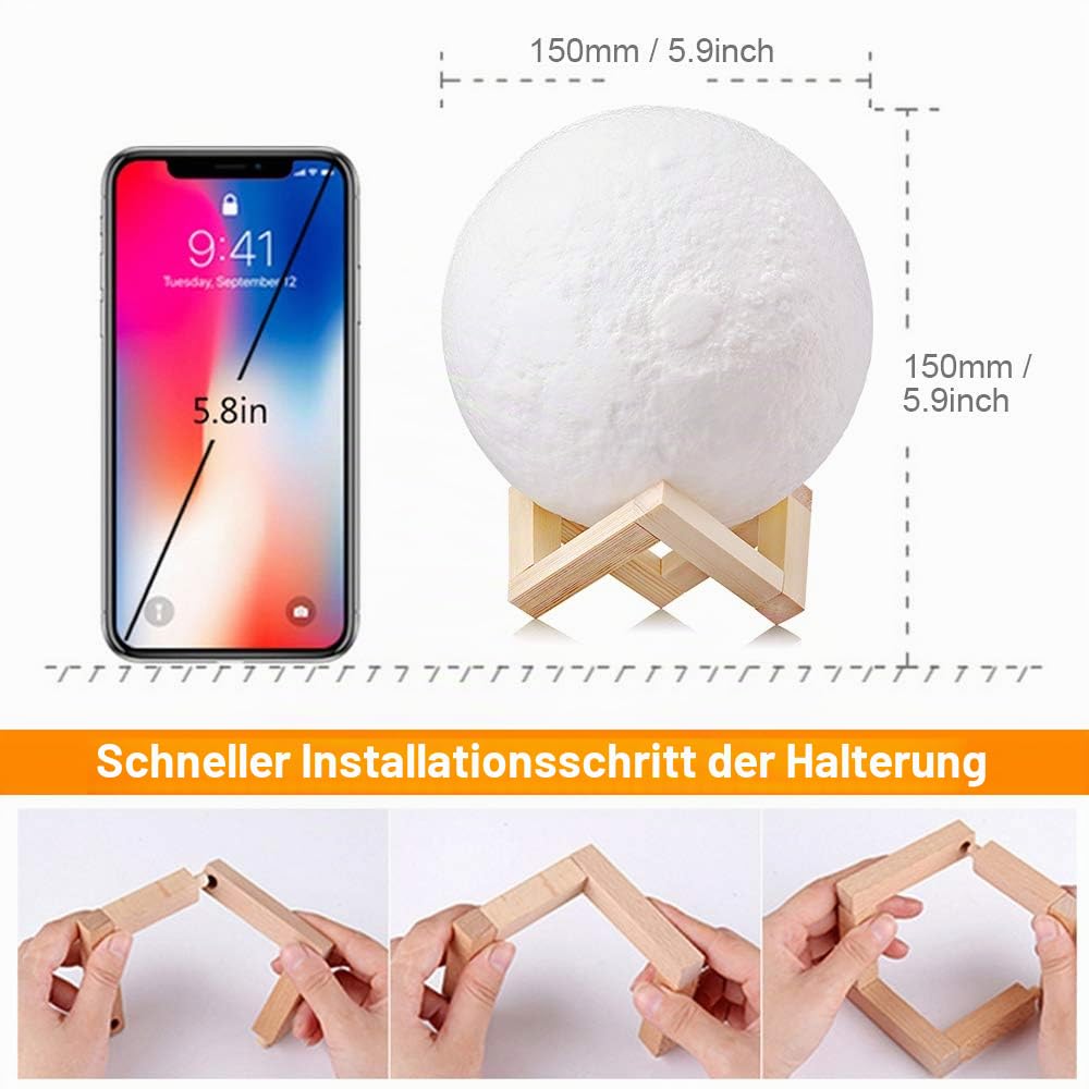 AGM LED Mondlampe 16 Farben Nachtlicht Stimmungslicht mit Fernbedienung und Touch-Steuerung Dimmbar Mondlamp Ø15 cm 3D Druck mit Holzhalterung für Schlafzimmer Café Bar Esszimmer