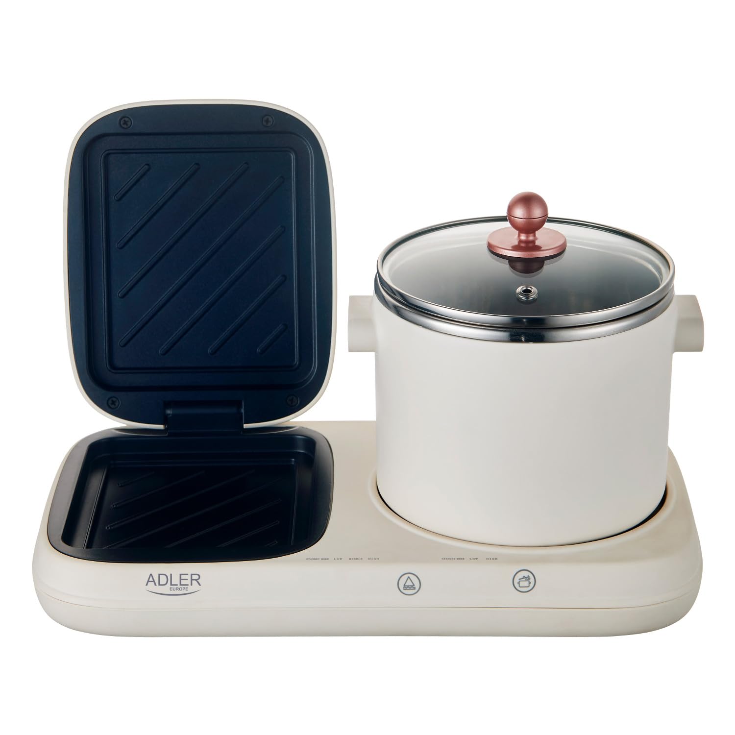 ADLER EUROPE AD 6421 Stazione di colazione 2 in 1 con pentola da 1,0 L e superficie antiaderente per griglia | Design retrò | per piccole cucine | Multifunzionale 1100-1320 W