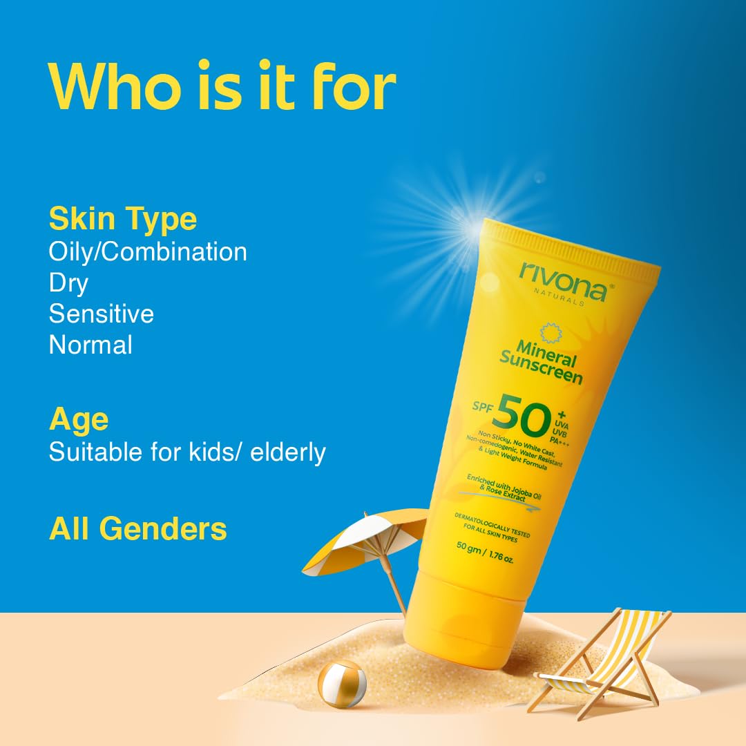 Rivona Naturals Mineral Sunscreen Spf 50 PA +++ for Acne-prone skin| UVA and UVB filters| No White Cast| Non-Oily, Non-Sticky and Water resistant Formula | For dry, oily and sensitive skin| 50 gm 4