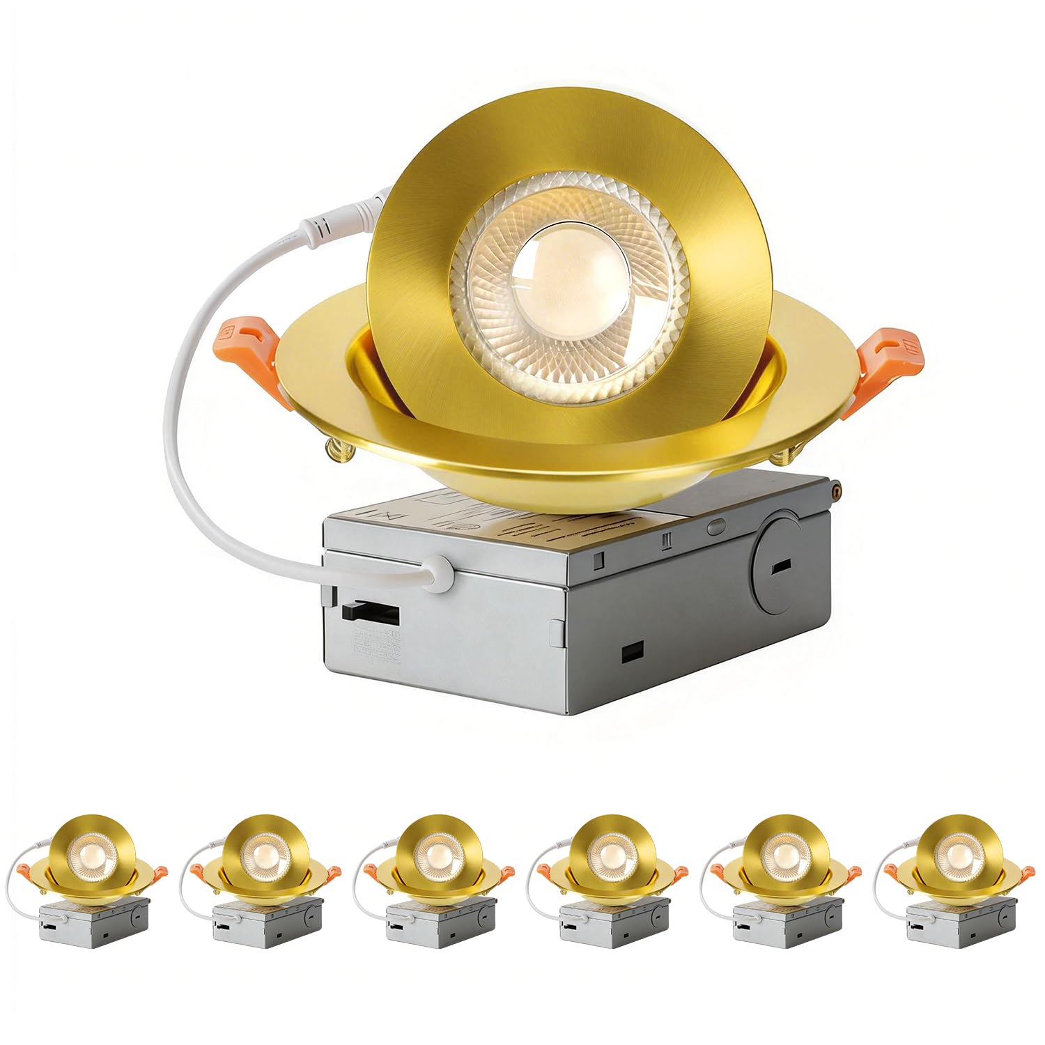 ZYC Gimbal LED Recessed Lighting - 4 Inch 5CCT 9W 360° Rotation Adjustable Eyeball Light,LED Swivel Spotlight,Directional Sloped Ceiling Light,Dimmable Canless Wafer Downlight Pack of 6 Gold.