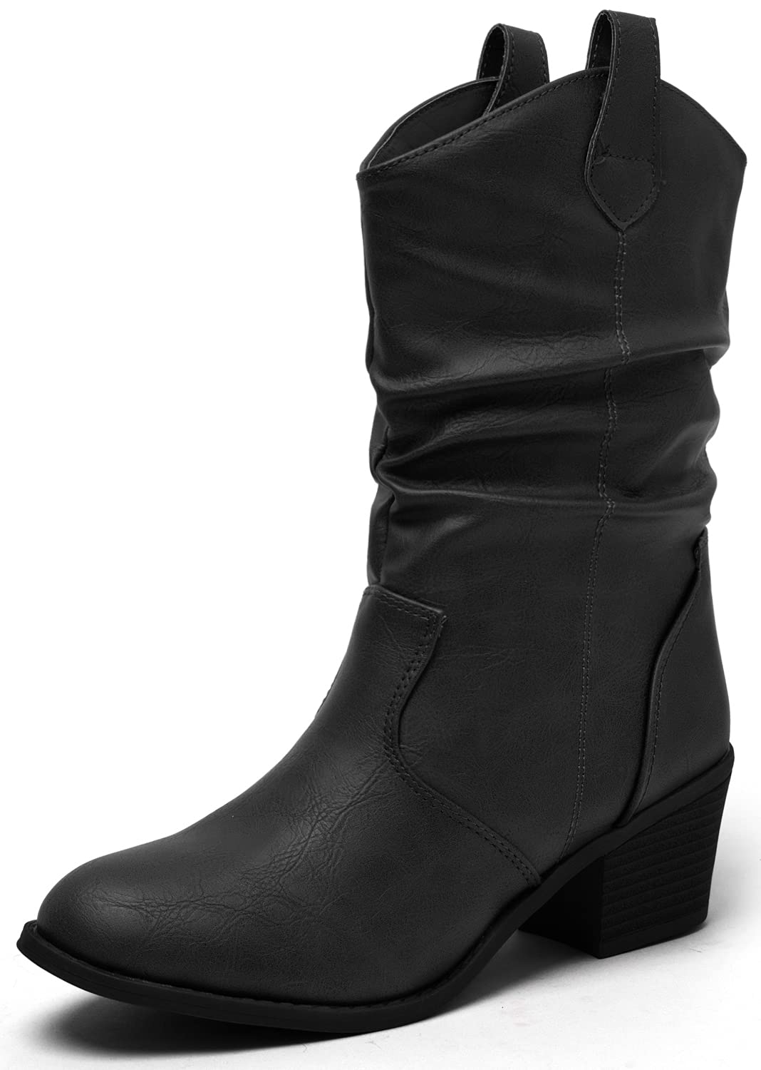 katliu Women's Western Cowboy Boots Mid-Calf Boots Low Heel Cowgirl Boots with Pull-Up Tabs