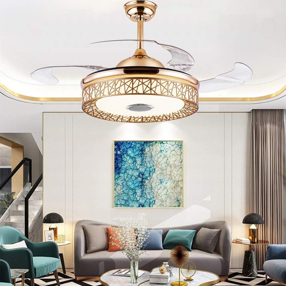 Fandian 42'' Modern Ceiling Fans with Light Smart Bluetooth Speaker Music Player Chandelier 3 Colors 3 Speeds Invisible Blades with Remote Control, Silent Motor with LED Kits (42-in Gold Nest)