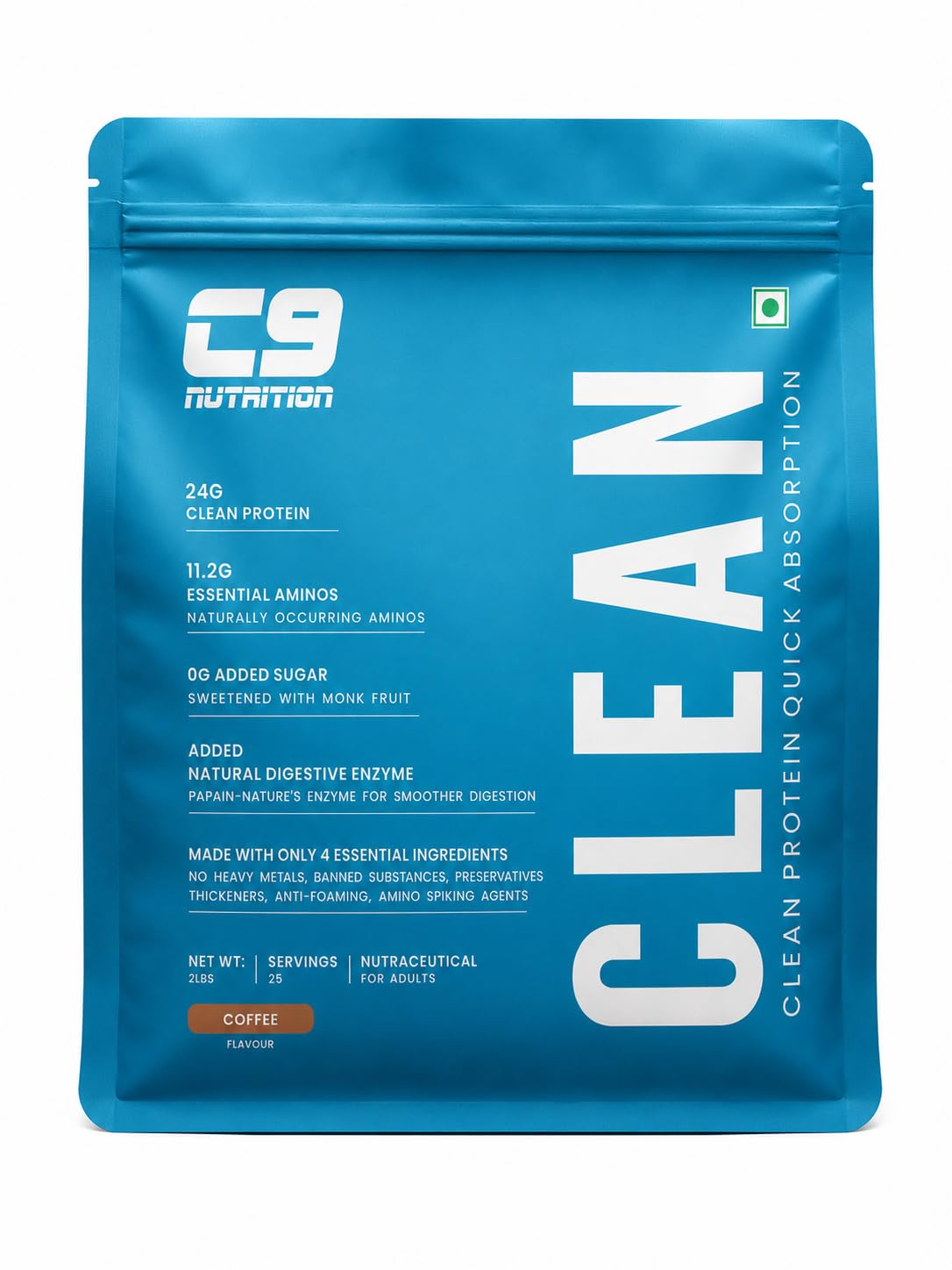 C9 Nutrition Clean Protein Powder | 24g Protein & 11.2g Essential Amino Acids | Zero Added Sugar | Added Digestive Enzymes | Sweetened with Monk Fruit | Coffee Flavour | 907g (25 Servings)-image-6