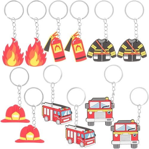 VILLCASE Llaveros de plástico para bomberos, 12 piezas con temática de bombero de dibujos animados, llaveros de metal para recuerdos, adornos para