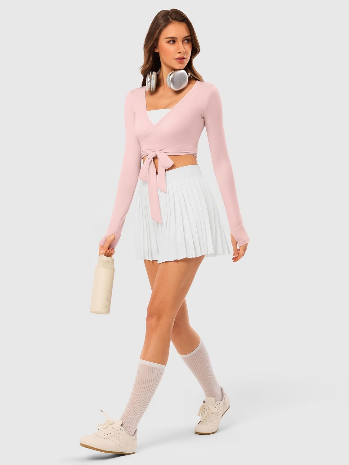 Pilates Wrap Top for Women: Long Sleeve Cropped Tie Front Back V Neck, Secure Fit Ballet Top for Yoga Dance Workout