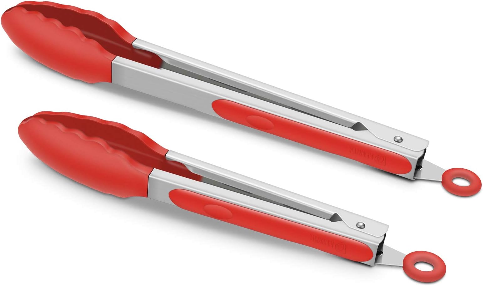 2 Pack Silicone Kitchen Tongs – 9" & 12" Set, Heat Resistant up to 500°F, Non‑Stick Cookware Safe, Wavy Silicone Tips, BPA Free, Locking Clip & Hanging Loop, Red