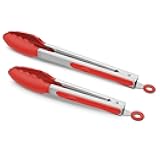 Set of 2 Kitchen Tongs 9-Inch & 12-Inch, Premium Stainless Steel BPA Free Silicone Non-Stick Grilling Barbeque Cooking Locking Food Tongs, Red