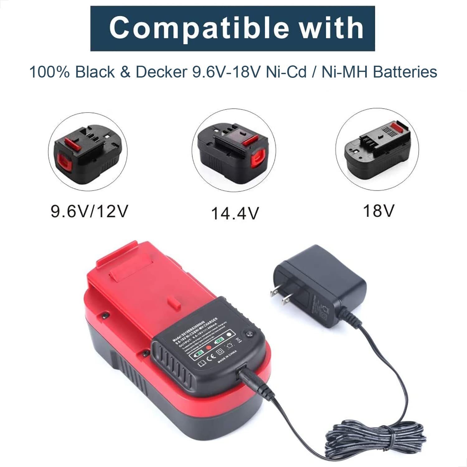 Replacement for Black&Decker 18V 14V 12V 9.6V NiCad & NiMh Battery Charger,Compatible with Battery HPB18 HPB14 HPB12 HPB18-OPE FSB18 FSB14 FS12B HPB96 FSB96,etc 3
