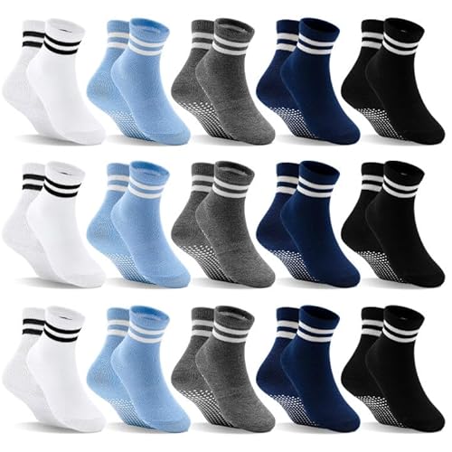 DECOVICI Kids Grip Socks,Toddler Non Slip Socks 15 Pairs, Boys Girls Grippy Crew Sock for 3-5 Years Children Anti Skid Sock with Grips(3-5 Years,3Black+3White+3Dark Grey+3Blue+3Navy Blue)