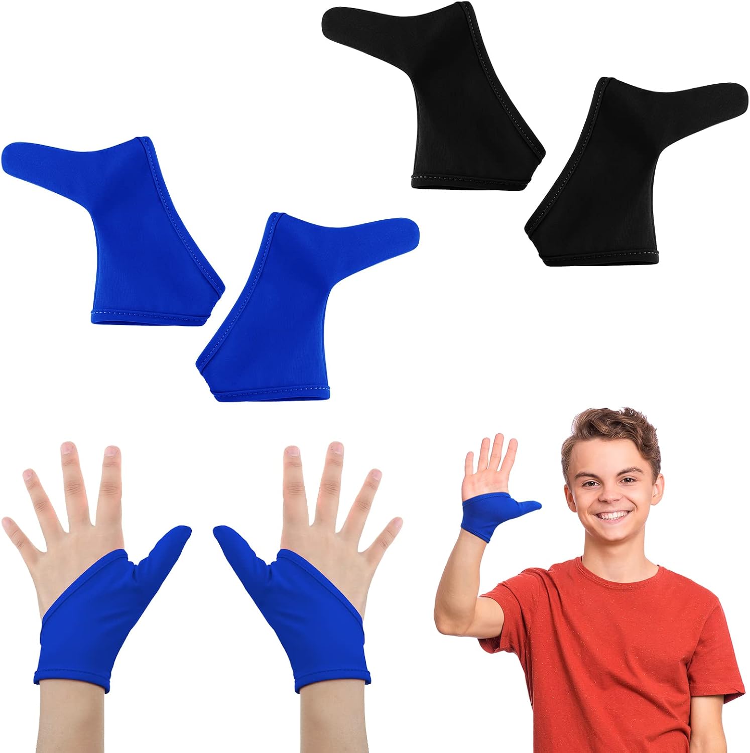 Jiuguva 4 Pcs Thumb Sucking Guard Gloves Kids Chewy Compression Gloves Breathable Guard Nail Biting Kids Stop Thumb Sucking and Finger Biting Generally for Ages 8-12(Black, Blue)