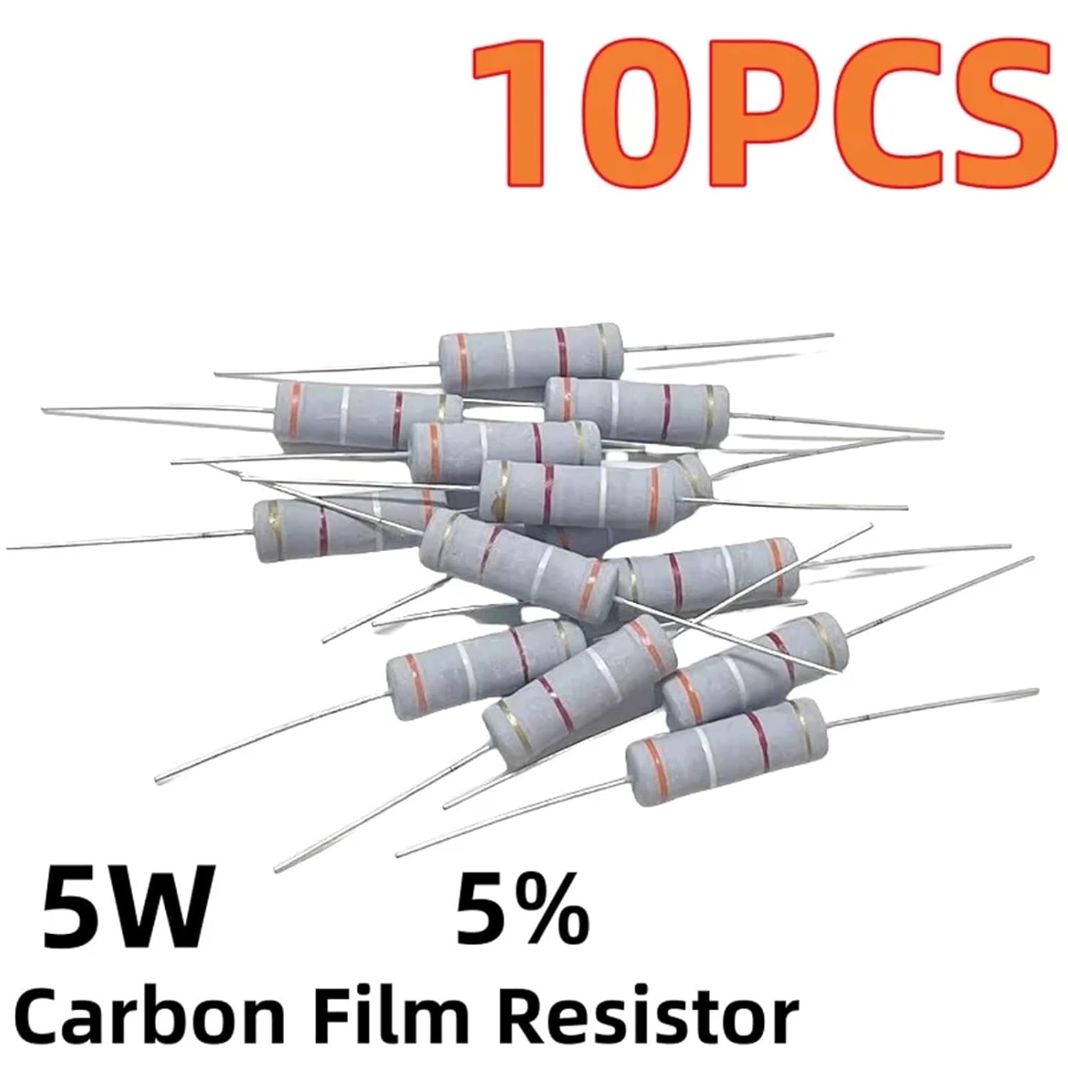 10PCS 5W Carbon Film 5% Color Ring resistorr 1Ohm-910KOhm 10 30 43 100 300 510 Ohm 1K 10K 100K 1M 1R 10R 100R 470R(110 K)