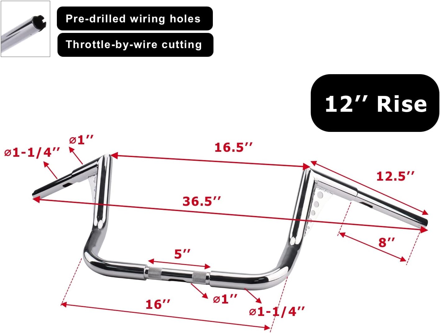 Chrome 12" Rise Fat Handlebar 1-1/4" Tube Ape Bar for Harley Touring 1986-2022 Street Glide Electra Glide Ultra Limited Road King FLHT FLHX Batwing ModelsLHT FLHX Chrome