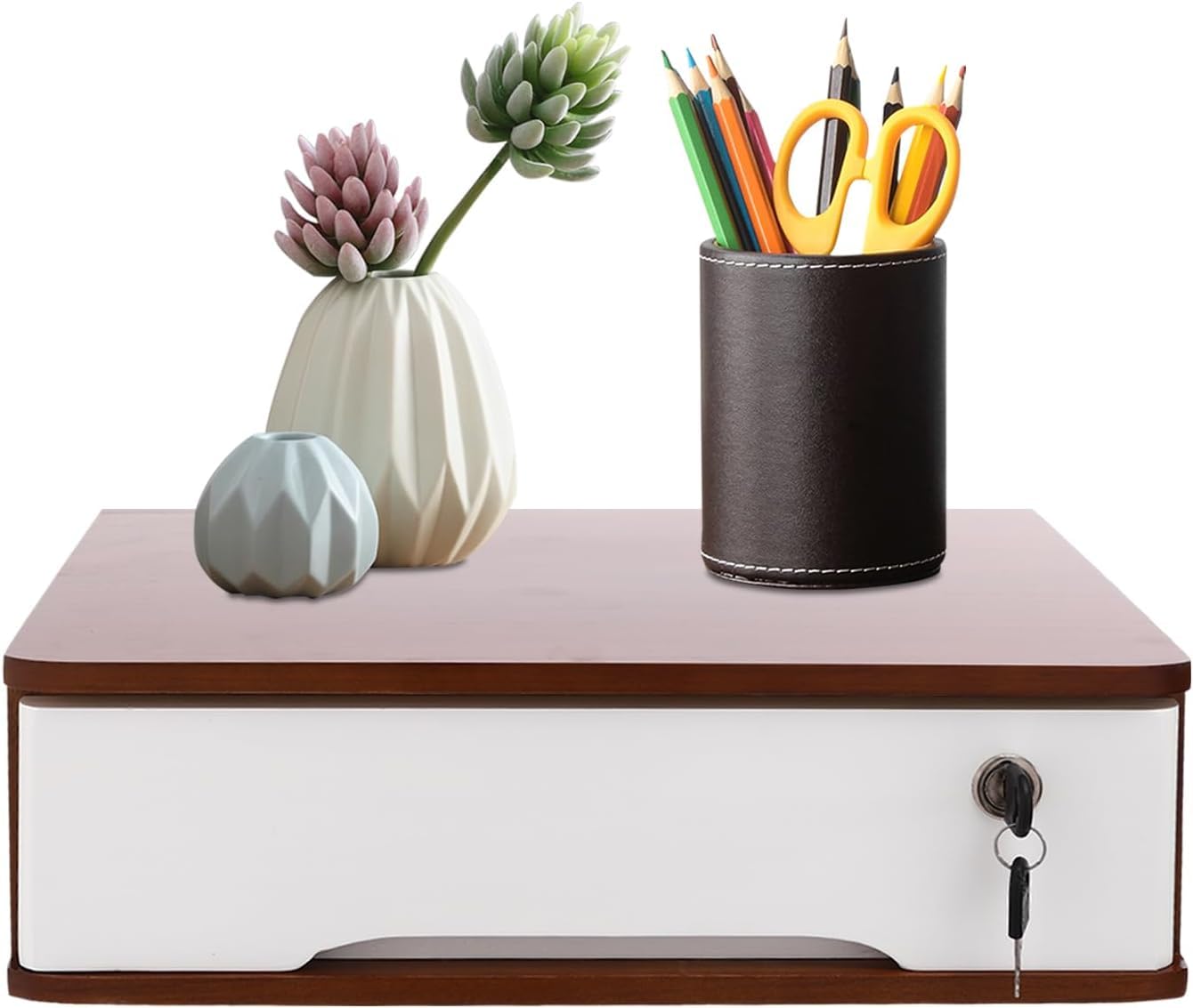 Stilvoller Schreibtisch-Organizer Aus Holz Mit Schublade Und Schloss, Hochwertiger Aktenschrank Für Zuhause Und Büro, Ideal Zur Aufbewahrung Von Papieren, Schreibwaren Walnut & White