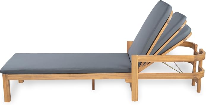 Christopher Knight Home Kayas Acacia Wood Chaise Lounge with Adjustable Backrest, 77.5 Outdoor Sun Lounger with Cushion, Modern Patio Lounger Recliner Chair for Poolside Lawn, Light Teak+Gray, 1PCS
