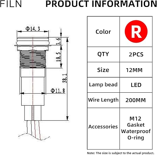 Miniatura 2 de FILN 2 unids 0.472 in (12 ") Indicador LED Luz Indicadora Impermeable Metal Señal Lámpara 110V IP67 Piloto Dash Lámpara Cabeza Azul para Coche Barco