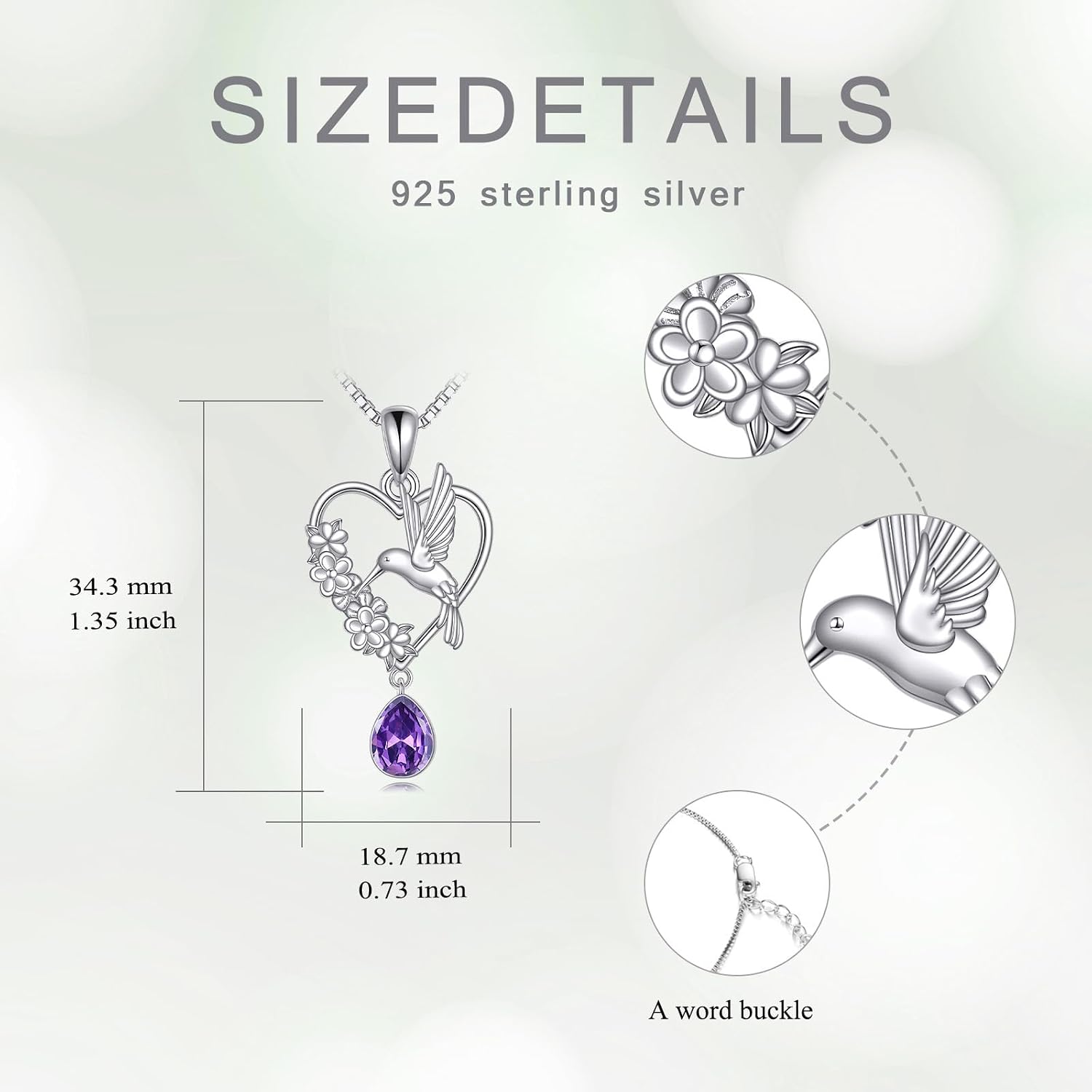 925 Sterling Silver Hummingbird Necklace, Natural Teardrop Amethyst Pendant, Ideal Gift for Her, Mom, Wife, Birthday Anniversary