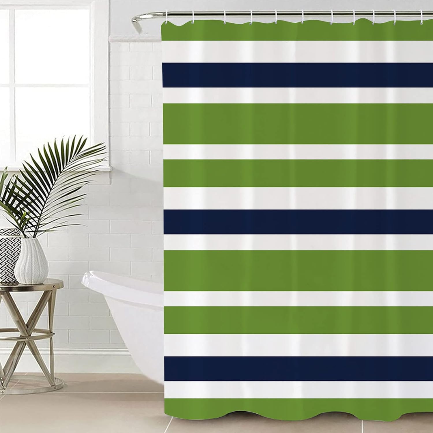 Green Navy Blue White Geometric Shower Curtain for Bathroom, Stripes Fabric Shower Curtain with Hooks Bathroom Decor Waterproof Shower Curtains Machine Washable for Home Hotel, 66" W x 72" L