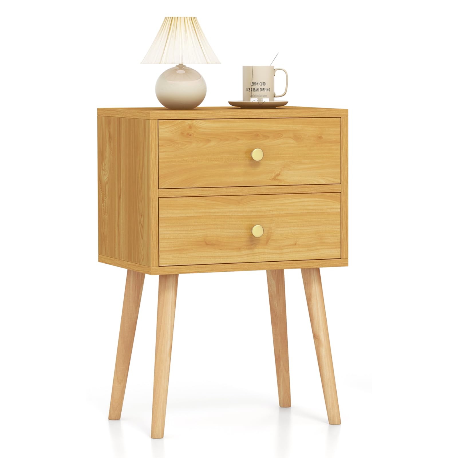 2 Drawers Bedside Table, Set of 1/2 Wooden Nightstand Sofa Side Table with Solid Wood Legs, Modern Bedside Cabinet for Bedroom Living Room Office (1, Natural)