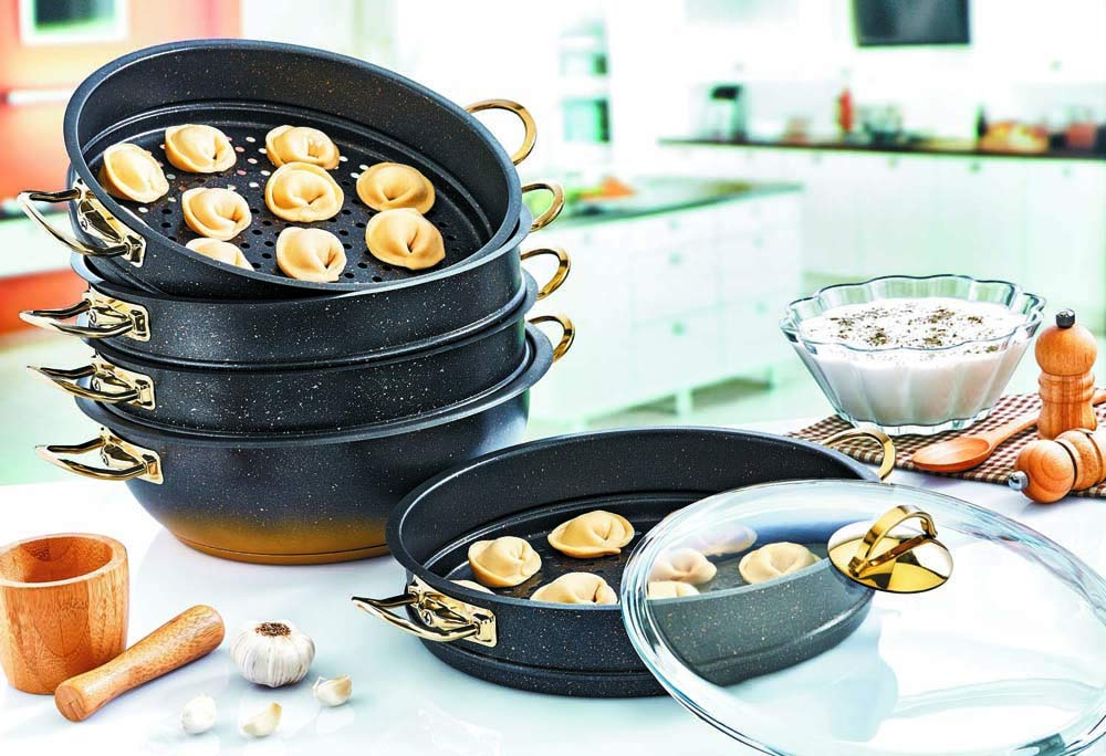 Dampfkocher, Dampfkochtopf, Mantowarka mit Granit-Beschichtung 6,4 Liter 30cm Durchmesser Keramik Design Kochtopf