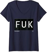 Womens FUK Fukuoka Japan Airport Code World Traveler Retro Travel V-Neck T-Shirt