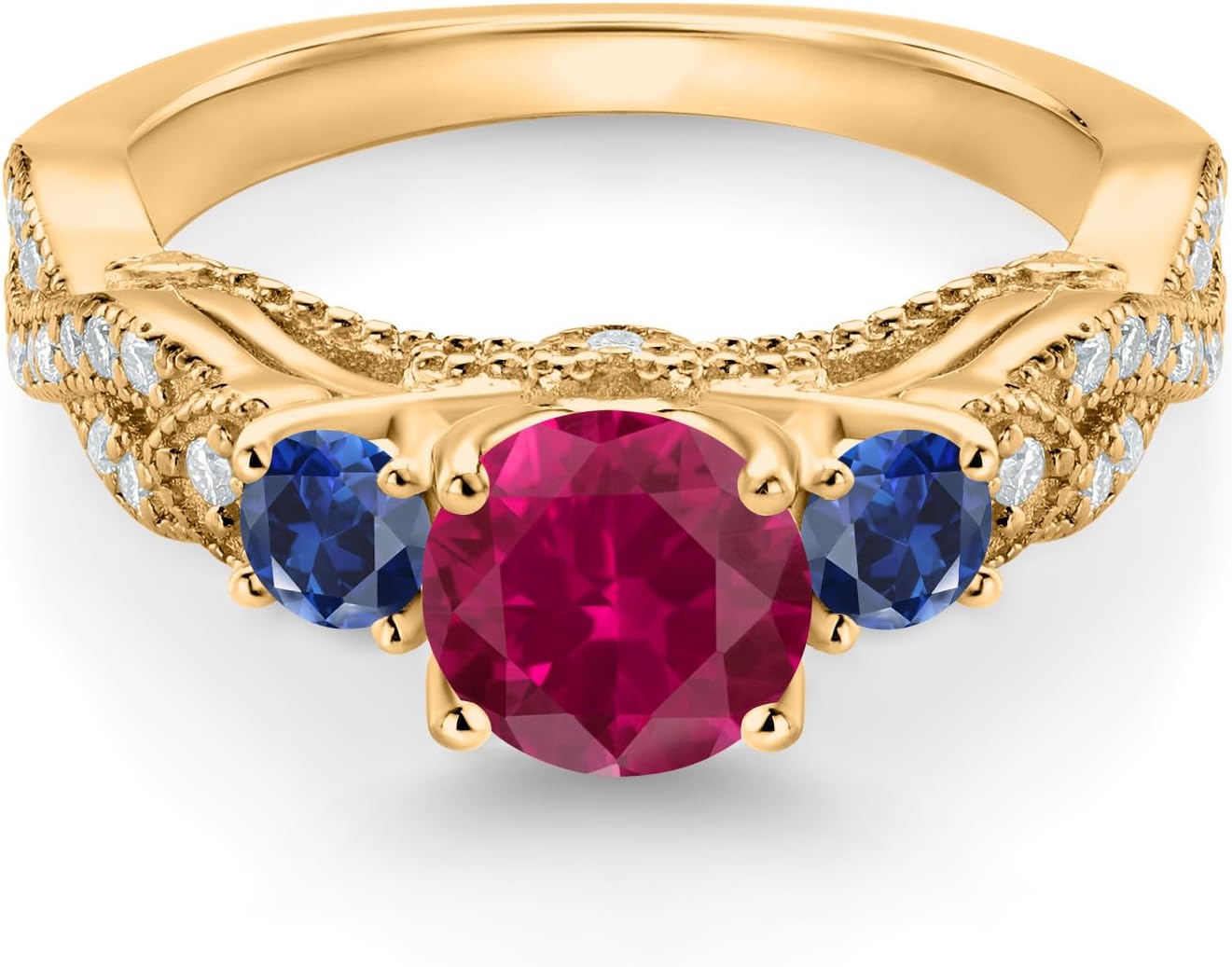Gem Stone King 18K Yellow Gold Plated Silver Red Created Ruby Blue Created Sapphire and White Moissanite Engagement Ring For Women (1.55 Cttw, Gemstone July Birthstone, Round 6MM and 3MM)
